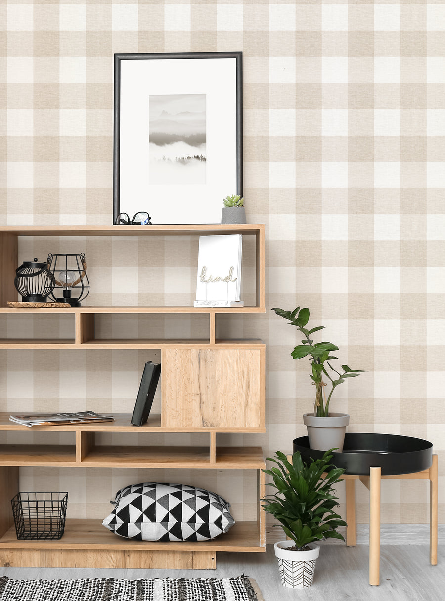 A cozy and rustic checkered fabric-look wallpaper in neutral tones, showcasing a modern and homely touch for this Shopify product. The peel-and-stick design allows for easy installation, while the varied pattern sizes offer customizable options to suit different spaces. Available in 5 colors, this wallpaper is perfect for adding a country-inspired vibe to any room. Featured Collection, Top Sellers, Peel and Stick Wallpaper, Nature Wallpaper, Surf
