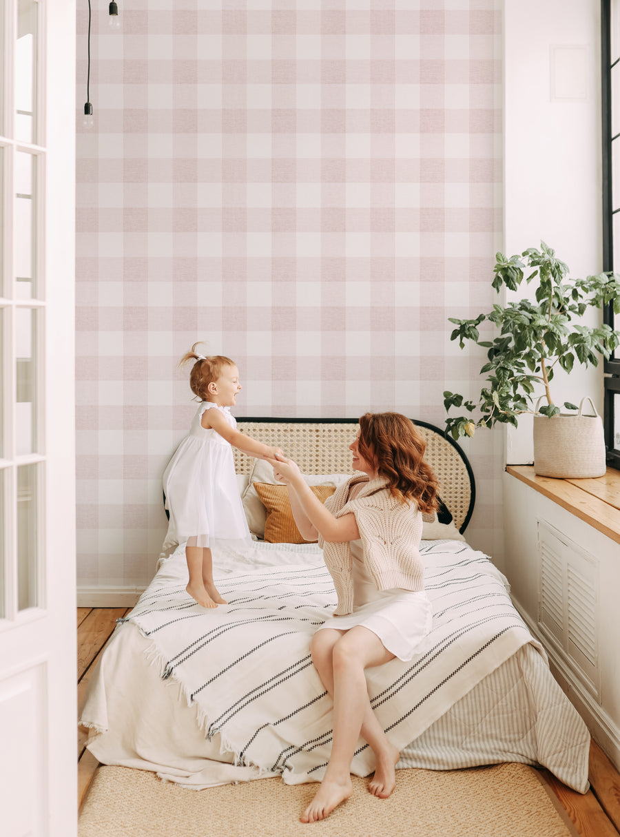 Decorative checkered fabric look small peel and stick wallpaper, accenting a cozy and homey bedroom with a young child, Featured Collection, Top Sellers, Peel and Stick Wallpaper, Nature Wallpaper, Surface & Texture Wallpaper, Geometric & Pattern Wallpaper, Kids and Baby Nursery Wallpaper, All Products, Unpasted Wallpaper, Wallpaper and Murals, Back to School Collection 2024