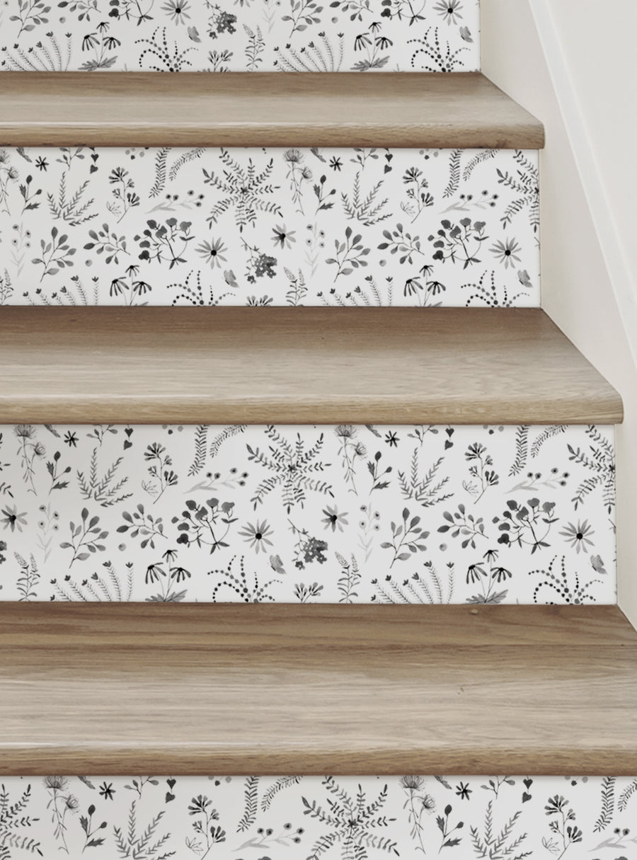 Elegant floral pattern adorns wooden stair risers, creating a serene botanical aesthetic in the home. A nature-inspired design that can transform any space into a tranquil meadow, Top Sellers,Stair Riser Decals,All Products,Nature and Floral Stair Riser Stickers