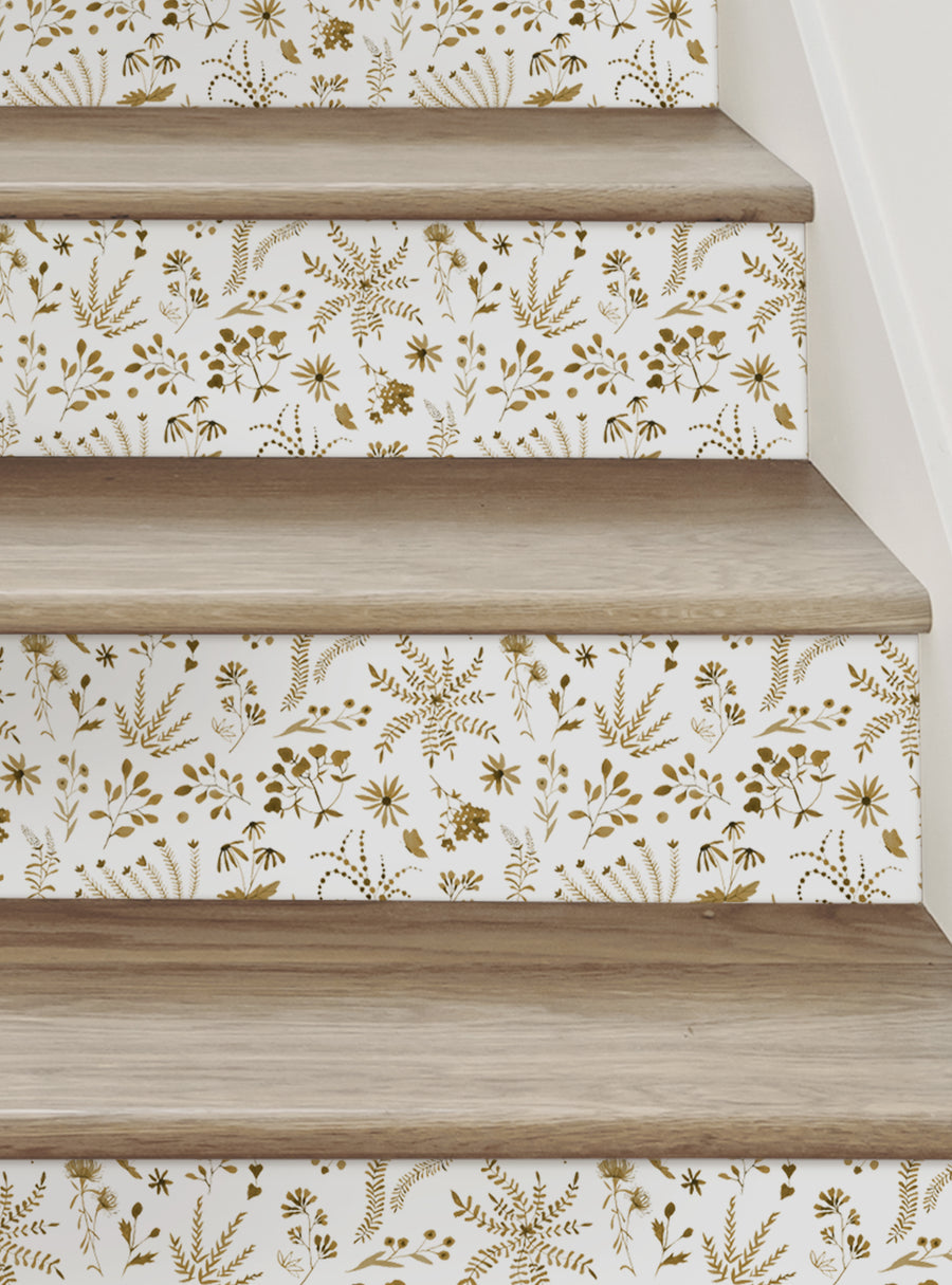 Vibrant botanical pattern with golden floral and leaf accents adorning the stair risers, creating a lush, nature-inspired atmosphere to transform any space. , Top Sellers,Stair Riser Decals,All Products,Nature and Floral Stair Riser Stickers