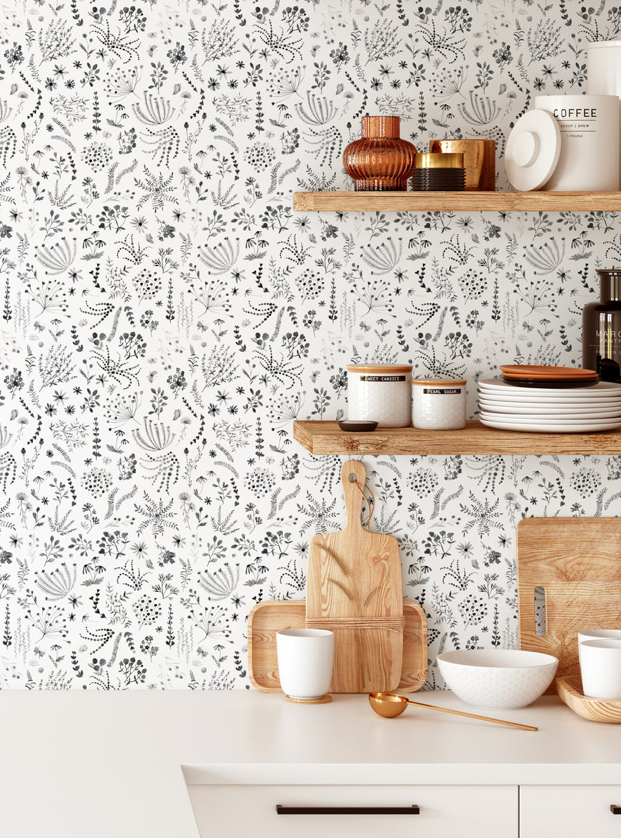 Detailed floral pattern with various botanical accents transforms this kitchen wall into a beautiful botanical meadow. Available in multiple color options to seamlessly complement any space. Top Sellers,Peel and Stick Wallpaper,Floral Wallpaper,Kids and Baby Nursery Wallpaper,All Products,Unpasted Wallpaper,Wallpaper and Murals