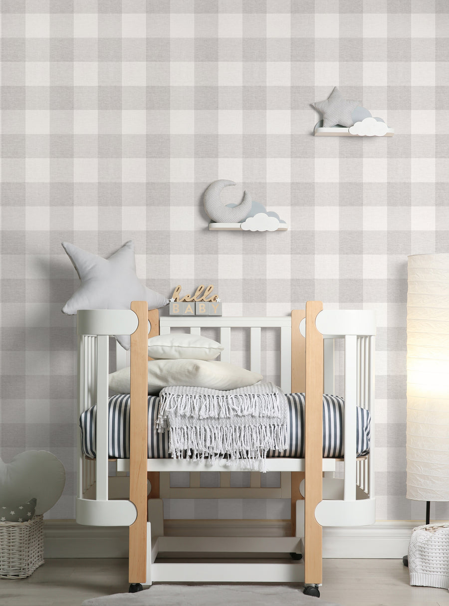 Cozy nursery decor with checkered fabric look peel and stick wallpaper. Features a modern farmhouse style with plush bedding, cloud shelves, and playful bunny accents. Ideal for creating a warm, comfortable space for a little one. Featured Collection, Top Sellers, Peel and Stick Wallpaper, Nature Wallpaper, Surface & Texture Wallpaper, Geometric & Pattern Wallpaper, Kids and Baby Nursery Wallpaper, All Products, Unpasted Wallpaper, Wallpaper and 