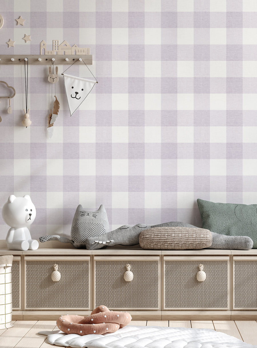 The alt text for this image could be: Cozy checkered fabric look small peel and stick wallpaper, perfect for adding a modern yet homey touch to any space. Features include a textured fabric appearance, various pattern sizes, and 5 color options to coordinate with any decor. Featured Collection, Top Sellers, Peel and Stick Wallpaper, Nature Wallpaper, Surface & Texture Wallpaper, Geometric & Pattern Wallpaper, Kids and Baby Nursery Wallpaper, All 