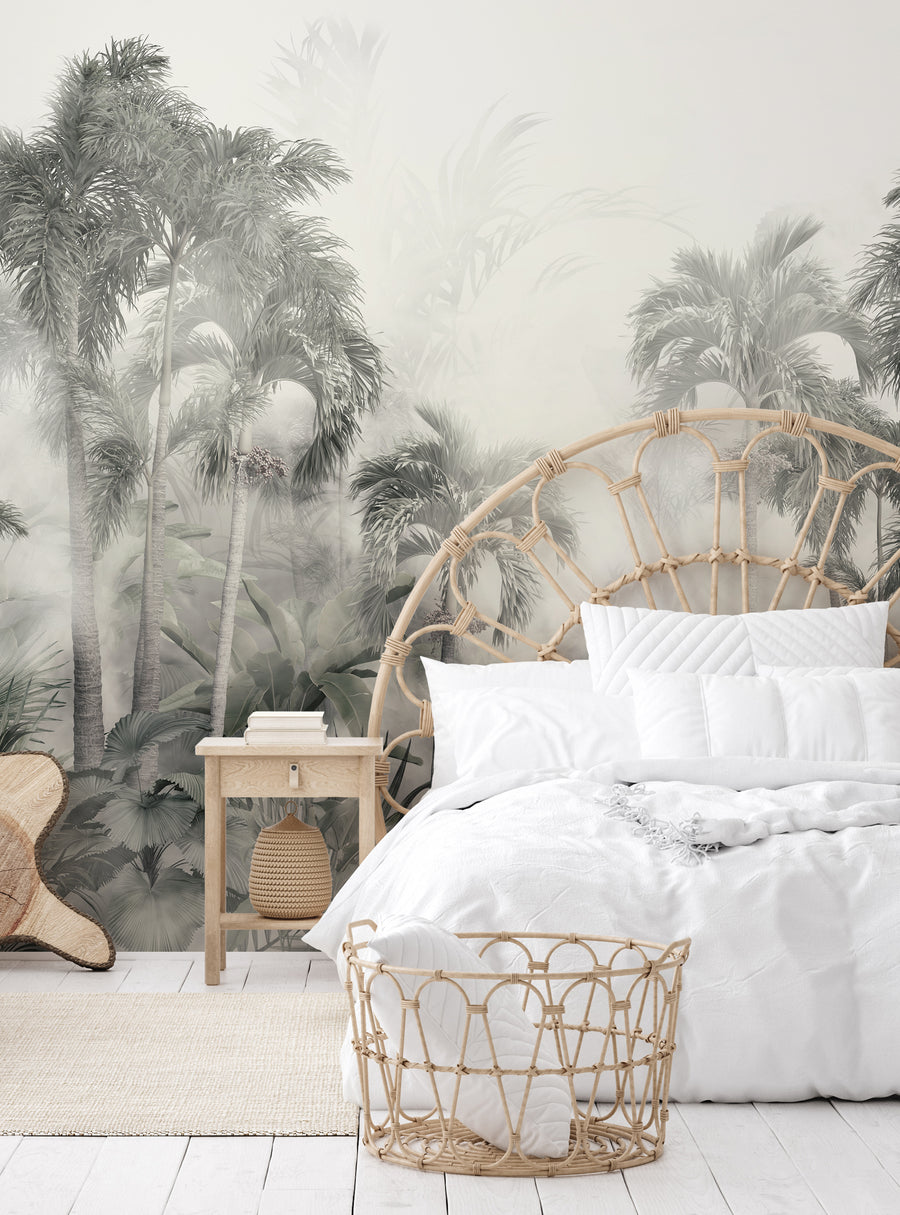 A misty, tropical jungle scene with lush, swaying palm trees and a cozy, relaxing bedroom setting featuring a woven rattan headboard and minimal décor, creating a calming, nature-inspired atmosphere. Featured Collection,Top Sellers,Wall Murals,Peel and Stick Wallpaper,Floral Wallpaper,Nature Wallpaper,Floral Murals,Nature Murals,All Products,Wallpaper and Murals, W8051-MistyGrey-Sample-Vinyl, W8051-MistyGrey-Sample-Fabric, W8051-MistyGrey-Sample-Unpasted