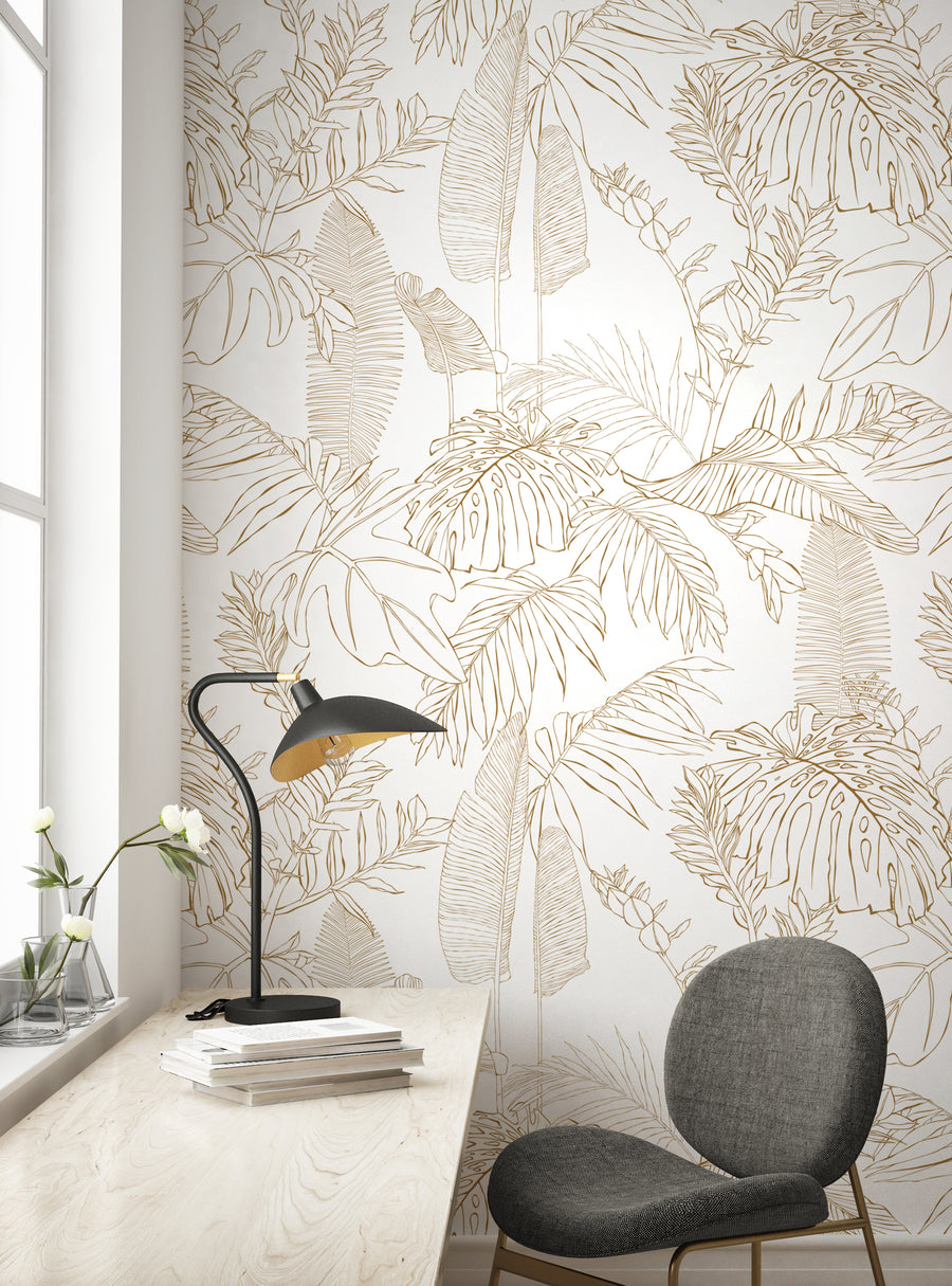 Tropical foliage mural design with hand-drawn palm leaves and lush greenery, creating a serene and nature-inspired atmosphere for any space. Featured Collection,Top Sellers,Wall Murals,Peel and Stick Wallpaper,Floral Wallpaper,Kids and Baby Nursery Wallpaper,Floral Murals,Kids Murals,All Products,Wallpaper and Murals,Back To School