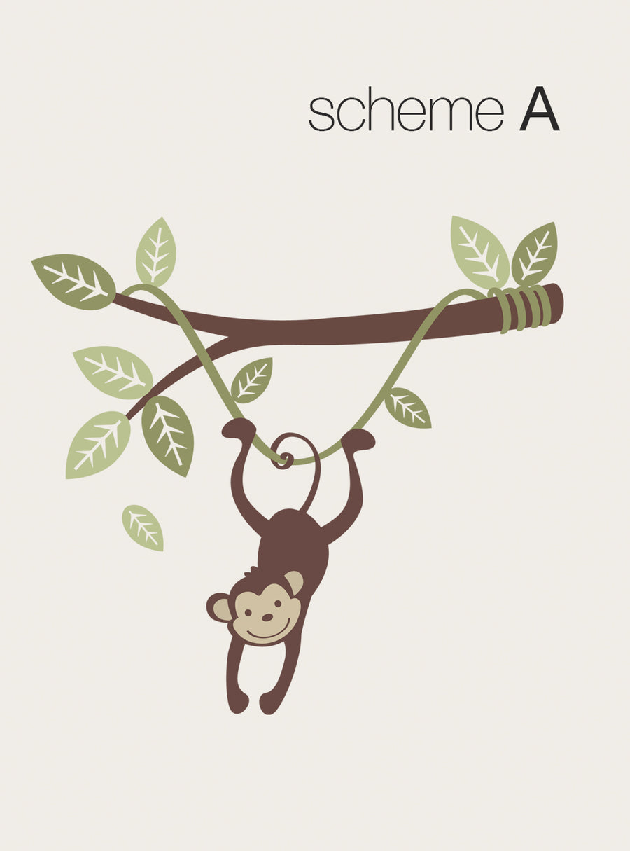 A playful monkey hanging from a branch, surrounded by lush, multi-colored leaves and a swooping vine. This wall decal would make a delightful addition to any baby nursery or kids' room, adding a touch of whimsy and nature. Top Sellers, Wall Decals, Animal Decals, Baby Nursery and Kids Wall Decals, All Products