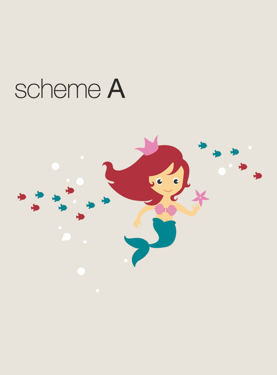 Whimsical mermaid wall decal featuring a vibrant red-haired mermaid, colorful fish, a crown, starfish, and bubbles - create an underwater scene to enchant any room. Top Sellers, Wall Decals, Animal Decals, Baby Nursery and Kids Wall Decals, All Products