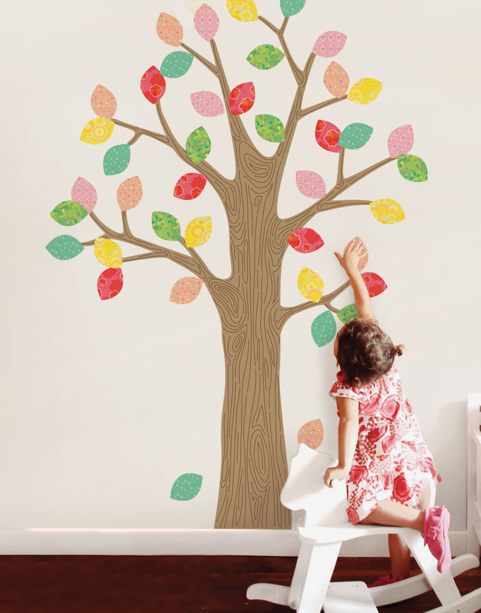 Patterned Tree with Leaves Wall Sticker – Simple Shapes