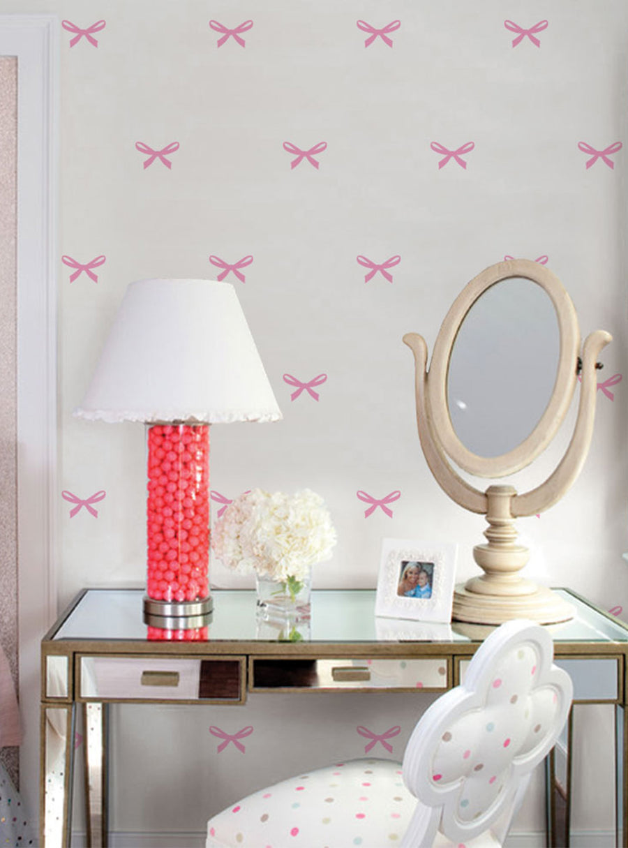 Decorative ribbons adorning a charming nursery or bedroom, featuring a vanity mirror, a vibrant red lamp, and an endearing rabbit accent - a perfect touch for brightening up a little girl's space. , Top Sellers,Wall Decals,Baby Nursery and Kids Wall Decals,All Products