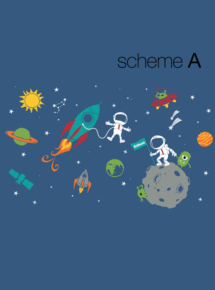 Outer Space Wall Decals by Simple Shapes®: A fun and vibrant wall decal featuring astronauts, rocket ships, aliens, satellites, planets, comets, the Earth, the sun, and stars, perfect for transforming a child's room into an exciting outer space experience. This high-quality, removable matte vinyl decal set comes in various customizable color schemes to suit any style. Ideal for Top Sellers, Wall Decals, Personalized Decals, Baby Nursery and Kids 
