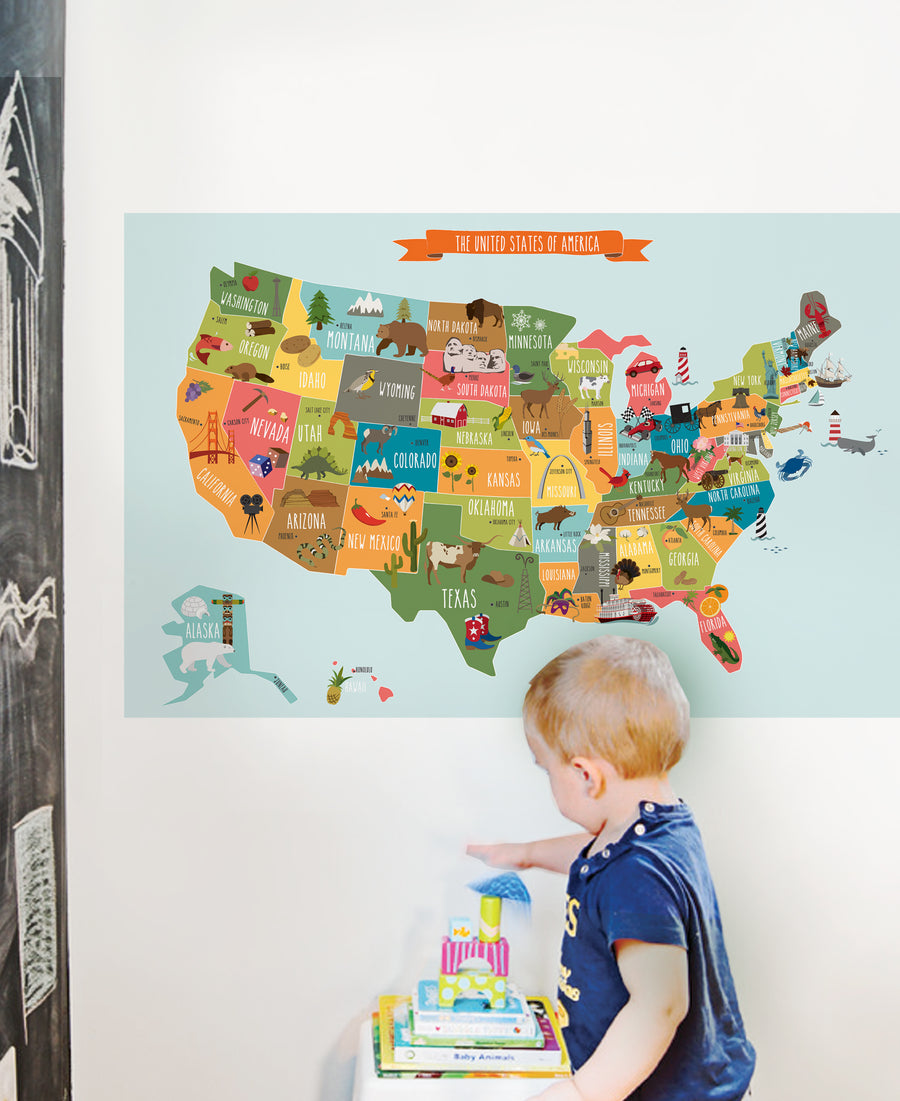 Vibrant and educational USA map wall sticker, showcasing state capitals, landmarks, and animals for children to explore and discover the nation. Fun and interactive peel-and-stick design allows for easy application and repositioning. Premium vinyl material ensures durability for long-lasting use as an engaging learning tool., Top Sellers,Wall Stickers,Map Wall Stickers,All Products
