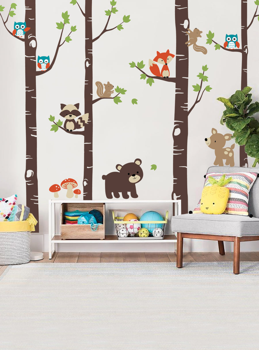 Whimsical forest animals and birch trees decorate this charming wall decal, perfect for bringing a touch of nature into a child's room. Featuring owls, foxes, squirrels, and more, this set allows for creative arrangement to suit any space. Available in various color schemes, it's a versatile and delightful addition to a Featured Collection, Top Sellers, Wall Decals, Tree Decals, Baby Nursery and Kids Wall Decals, and All Products.
