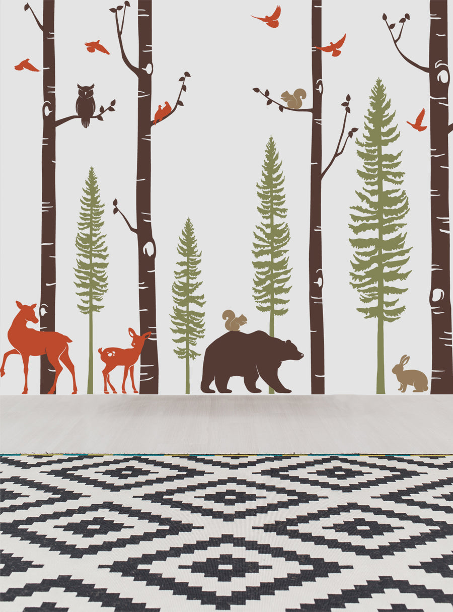 Whimsical woodland scene with birch trees, pine trees, and various forest animals like owls, deer, bears, and squirrels. This wall decal is perfect for adding a touch of nature to a baby nursery or kids room. Featured Collection,Top Sellers,Wall Decals,Animal Decals,Tree Decals,Baby Nursery and Kids Wall Decals,All Products