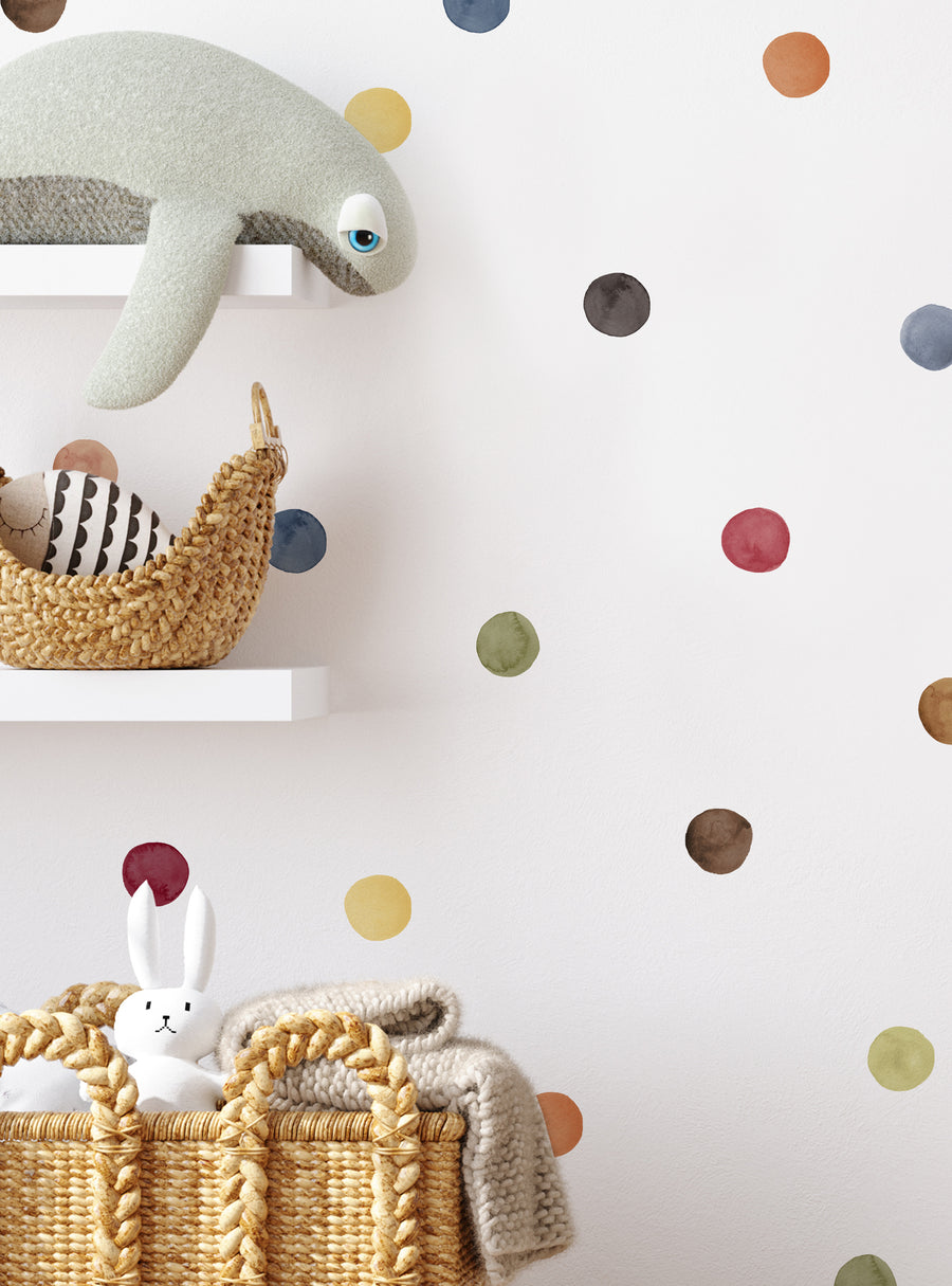 Colorful watercolor-inspired polka dot wall stickers with a playful, modern-vintage vibe, perfect for adding a touch of whimsy to kids' rooms or vintage-style spaces. , Top Sellers,Wall Stickers,Holiday Decals and Stickers,Pattern Wall Stickers,All Products