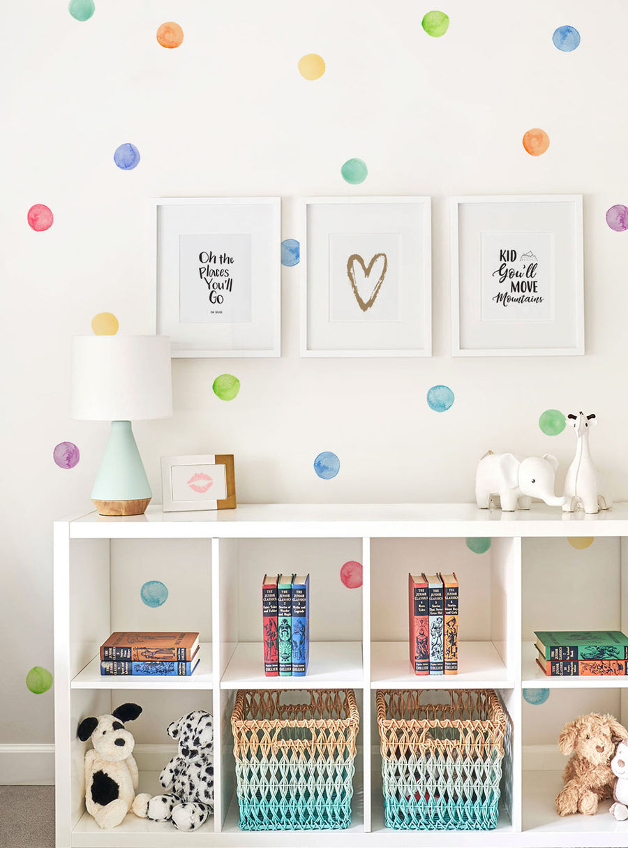 Vibrant watercolor polka dot wall decals add a playful touch to this cheerful kids' room, with a variety of dot sizes and colors that create a fun, whimsical pattern. These decals can be easily applied and removed, making them perfect for decorating nurseries, playrooms, or any space in need of a splash of color and personality. , Top Sellers,Wall Stickers,Holiday Decals and Stickers,Pattern Wall Stickers,All Products