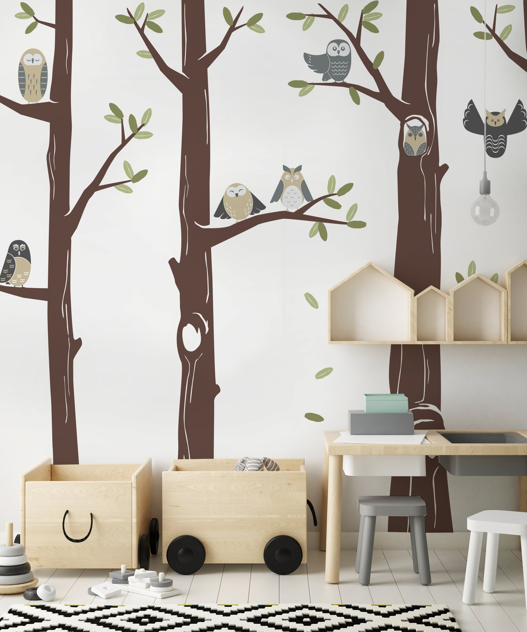 Friendly Forest Owls with Trees Wall Decal – Simple Shapes