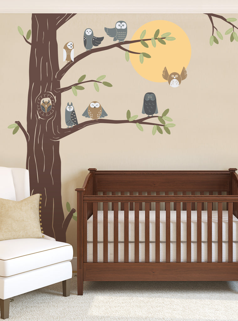 Friendly Forest Owls with Corner Tree Wall Decal – Simple Shapes