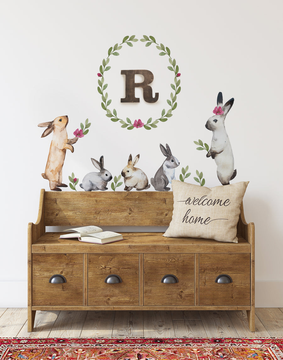 A whimsical watercolor illustration featuring playful bunnies and leafy accents, creating a charming and inviting atmosphere, perfect for adorning a child's room or adding a touch of nature-inspired decor to any space. , Top Sellers,Wall Stickers,Floral Wall Stickers,Animal Wall Stickers,Nature Wall Stickers,All Products