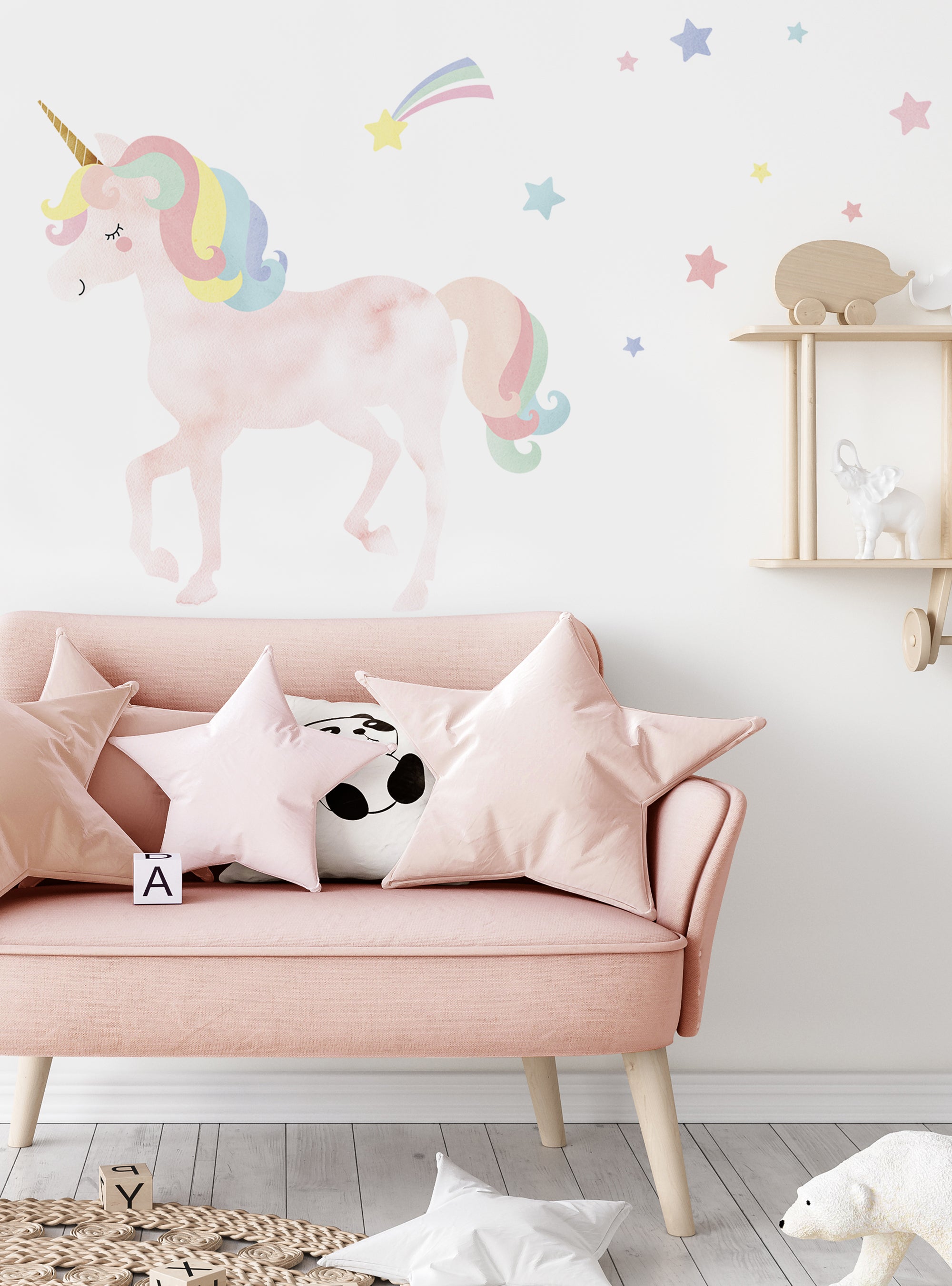 Watercolor Twinkling Unicorn with Stars Peel and Stick Wall Stickers –  Simple Shapes