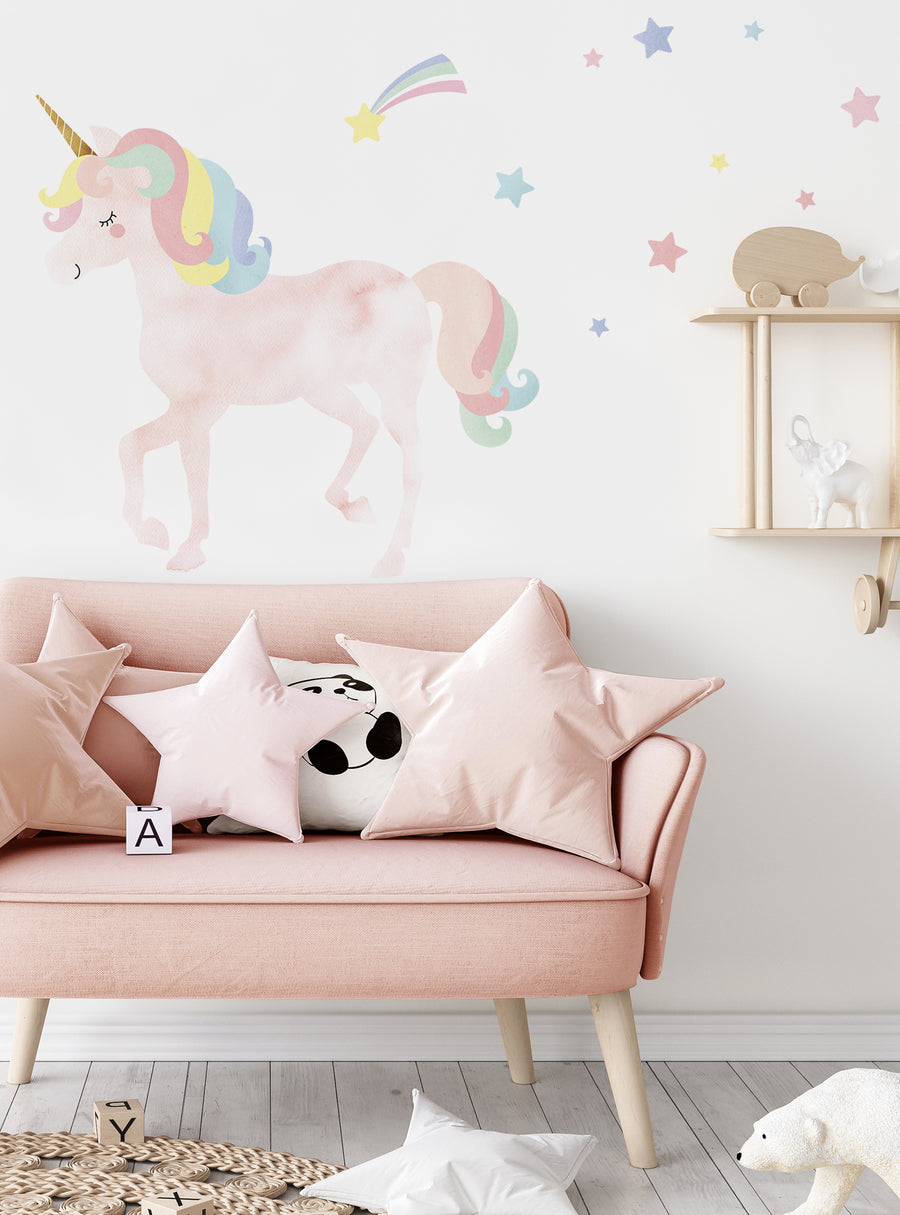 A colorful, watercolor-style illustration of a whimsical unicorn surrounded by twinkling stars, perfect for adding a touch of magic and wonder to any child's room or Shopify product. , Top Sellers,Wall Stickers,All Products
