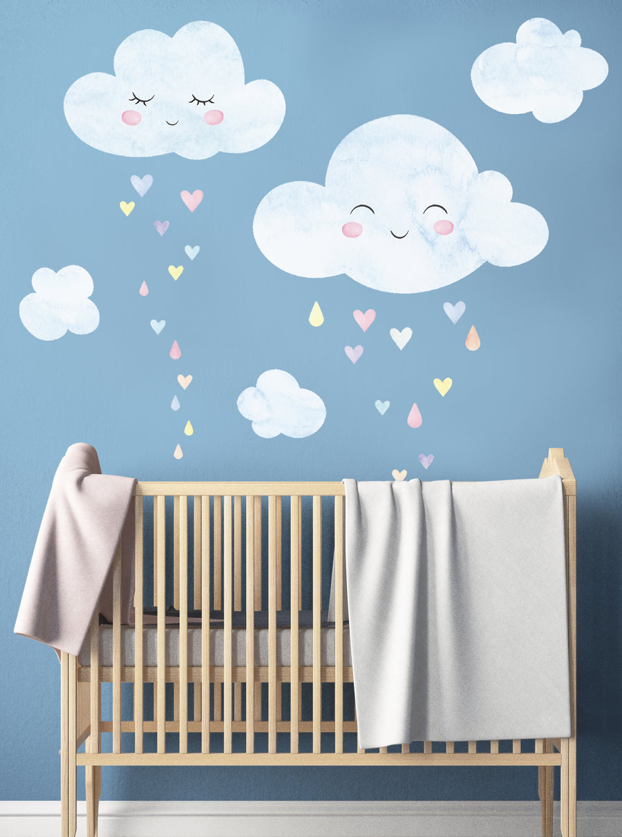 Whimsical watercolor clouds with heart-shaped rain drops, perfect for a modern vintage-style nursery or playroom. This peel and stick wall sticker adds a touch of playful charm to any space. , Top Sellers, Wall Stickers, Nature Wall Stickers, All Products