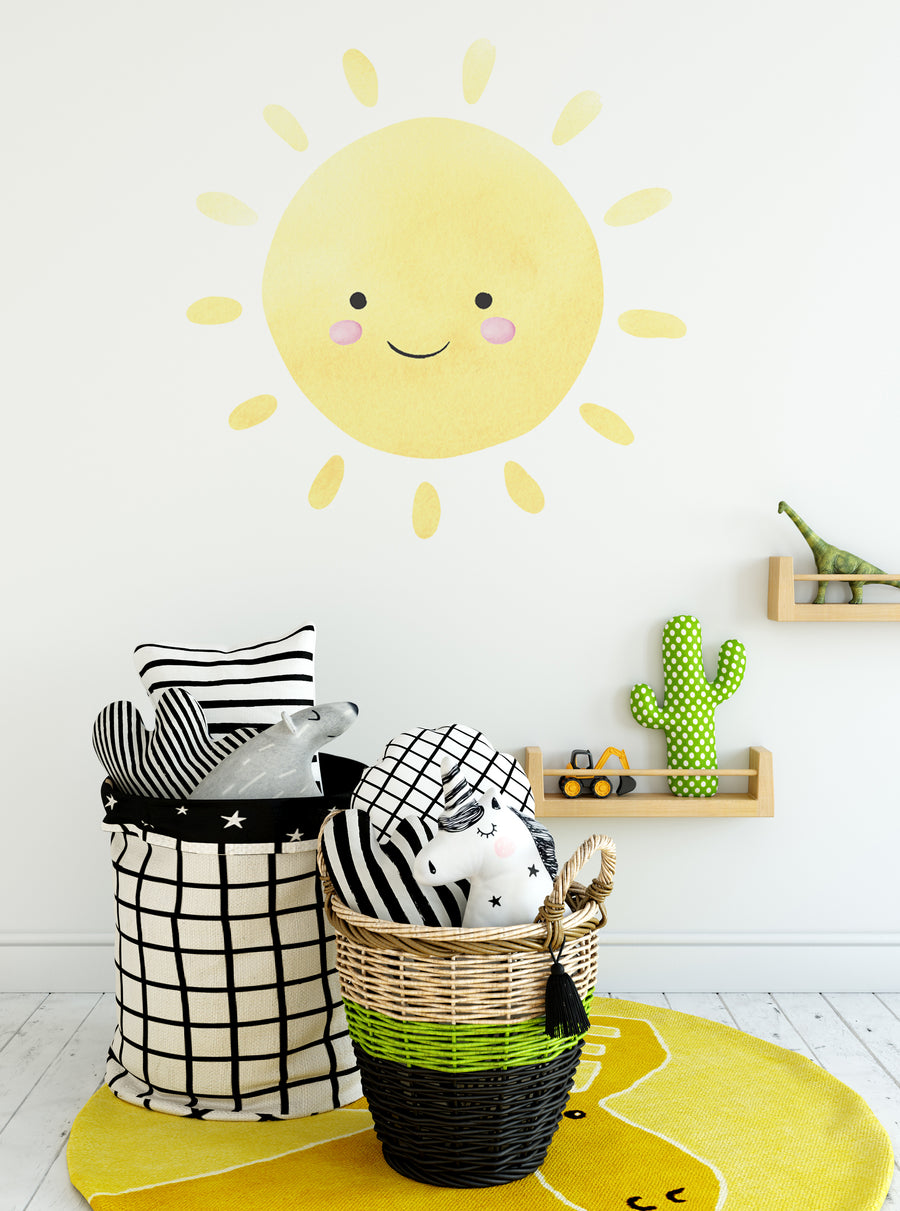 Cheerful and vibrant watercolor sun illustration with a friendly, smiling face, adding a touch of playful whimsy to the nursery or playroom decor. This peel-and-stick wall sticker is easy to apply and reapply without any mess, perfect for brightening up modern vintage-styled spaces. , Top Sellers,Wall Stickers,Nature Wall Stickers,All Products