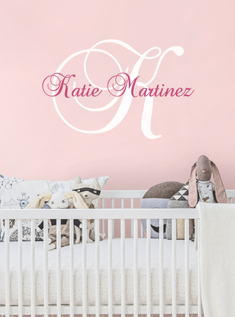Elegant monogram personalized wall decal for a nursery or kid's room, featuring a stylish cursive font and customizable colors. Perfect for adding a personalized touch to any space. Top Sellers,Wall Decals,Personalized Decals,Lettering and Quote Decals,Baby Nursery and Kids Wall Decals,All Products