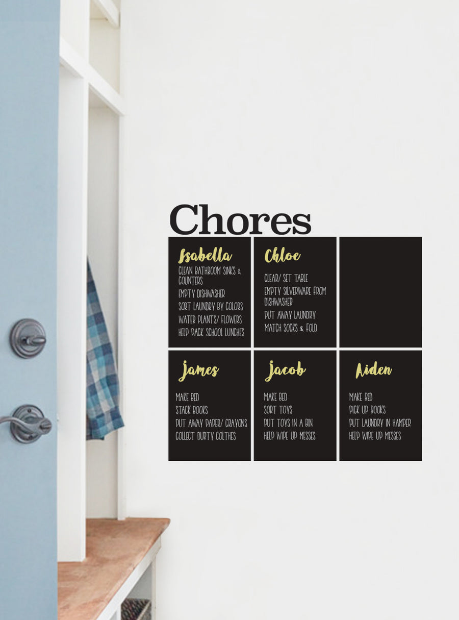 Detailed chalkboard wall decal with task list and family names, designed to help organize household chores. The high-quality and customizable design allows families to stay on top of daily tasks. Top Sellers, Wall Decals, All Products