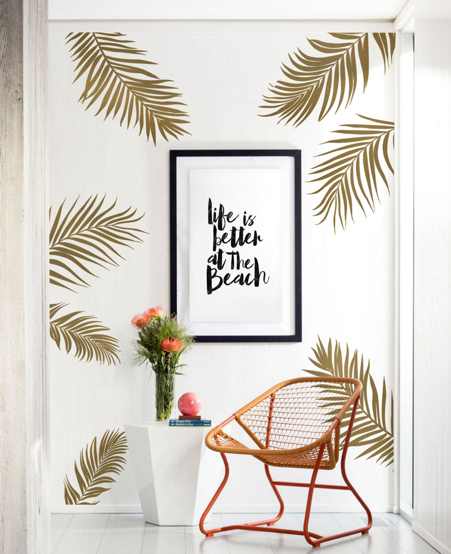Tropical paradise Palm Leaves Wall Decal, Escape to a serene oasis with this vibrant and lifelike wall decal featuring natural silhouettes of lush palm leaves. Available in a range of stunning metallic and matte colors, it's a versatile accent that can transform any space into a relaxing retreat. Perfect for adding a touch of beachy, bohemian flair to your home, nursery, or dorm. , Top Sellers,Wall Decals,Baby Nursery and Kids Wall Decals,All Pro