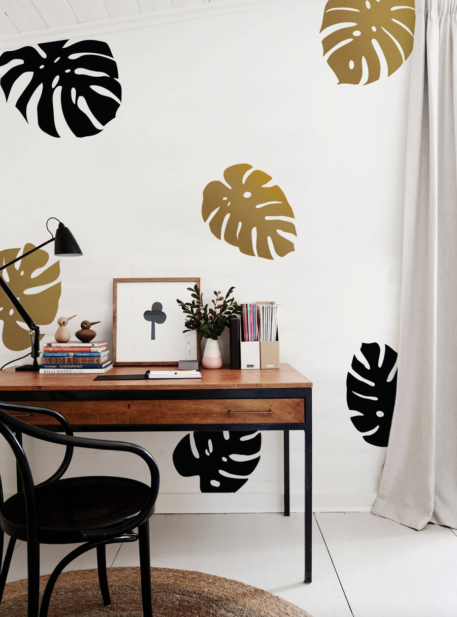 Tropical foliage silhouettes adorn the wall, adding a natural and relaxed vibe to the space. The Monstera Leaves Wall Decal set in custom colors brings a touch of paradise and invites you to unwind. , Top Sellers,Wall Decals,Baby Nursery and Kids Wall Decals,All Products,Back To School,Back to School Collection 2024