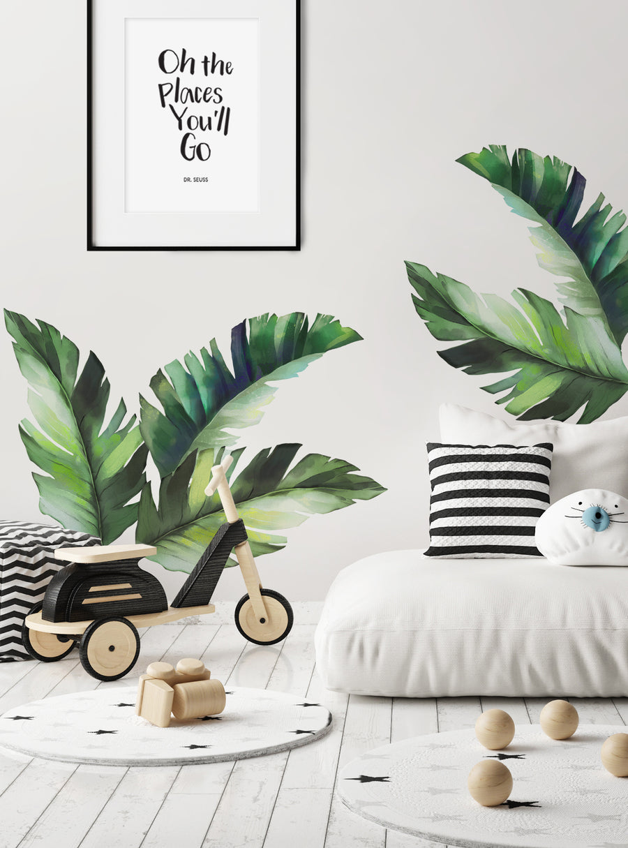 Lush tropical leaves, vibrant watercolor-inspired graphics showcase a vibrant jungle scene, perfect for adding an exotic, botanical flair to any space. , Top Sellers, Wall Stickers, Floral Wall Stickers, All Products, Back To School, Dorm Room Ideas and Trends, Back to School Collection 2024