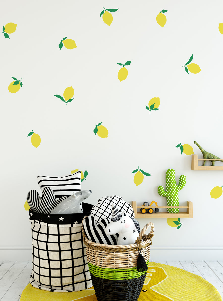 Lively lemon decals adorn this cheerful Shopify wall art, perfect for adding a touch of sunny citrus charm to any space. The separate lemon and leaf stickers offer customization, allowing you to create a unique and vibrant display. This versatile wall décor will brighten up any room, making it a must-have for those seeking a cheerful, on-trend accent piece. , Top Sellers,Wall Decals,All Products