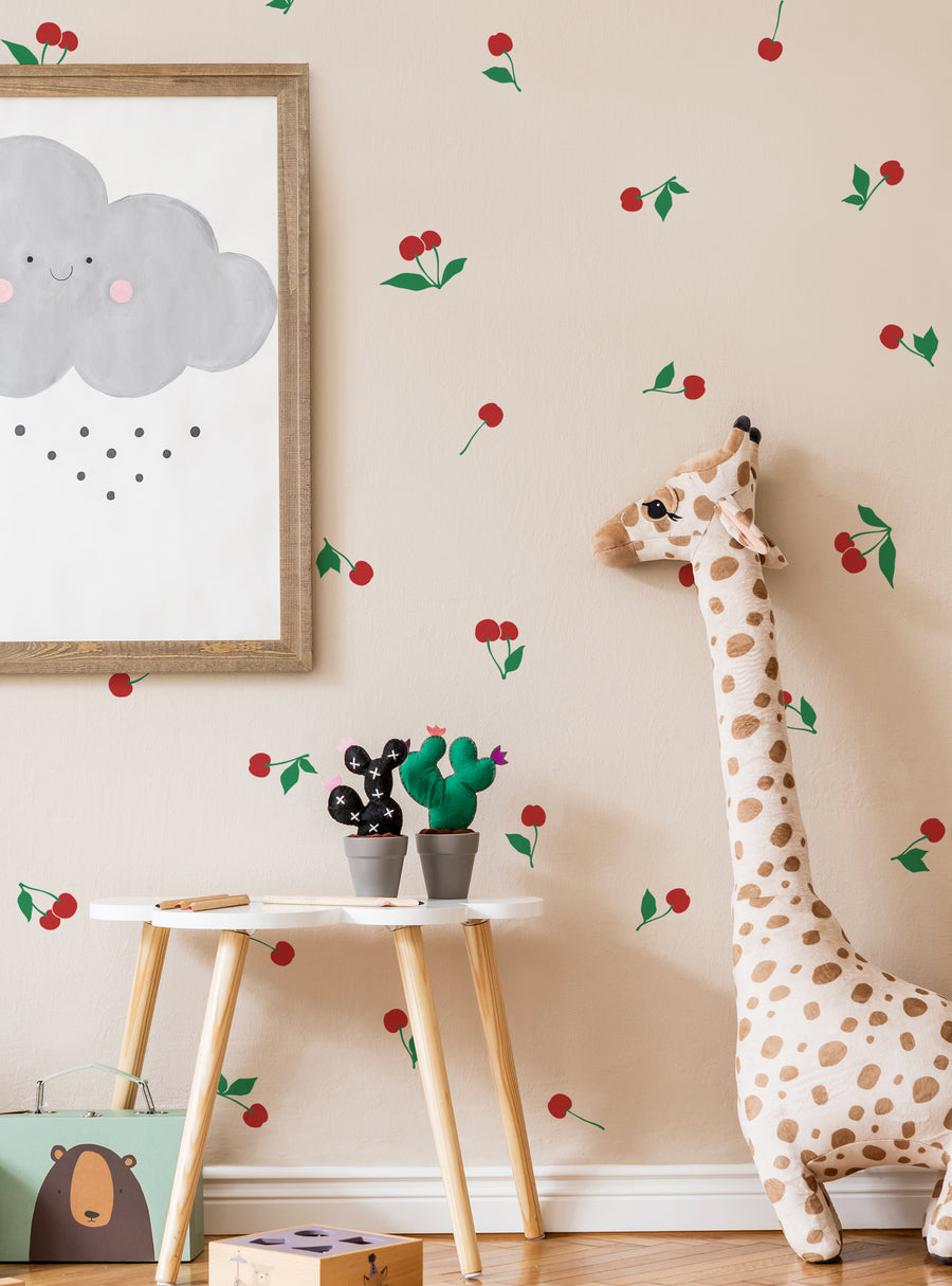 Vibrant cherry decals adorning the walls, creating a whimsical and playful atmosphere for this Shopify product. The cherries, with their lush red hues and lush green leaves, accentuate the charming and inviting nature of this wall decal. A perfect addition to any room, this Shopify product offers a versatile and customizable option for homeowners looking to add a touch of natural elegance to their spaces. , Top Sellers,Wall Decals,All Products