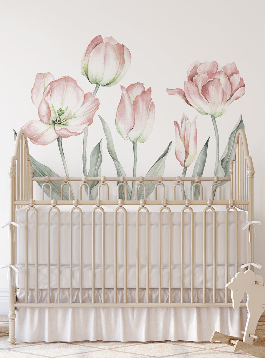 Elegant garden tulips in soft pink hues adorn the wall, creating a serene and inviting atmosphere. This peel and stick wall sticker features a variety of tulip flowers, leaves, and stems that can be arranged to beautify any room. , Top Sellers,Wall Stickers,Floral Wall Stickers,Nature Wall Stickers,All Products