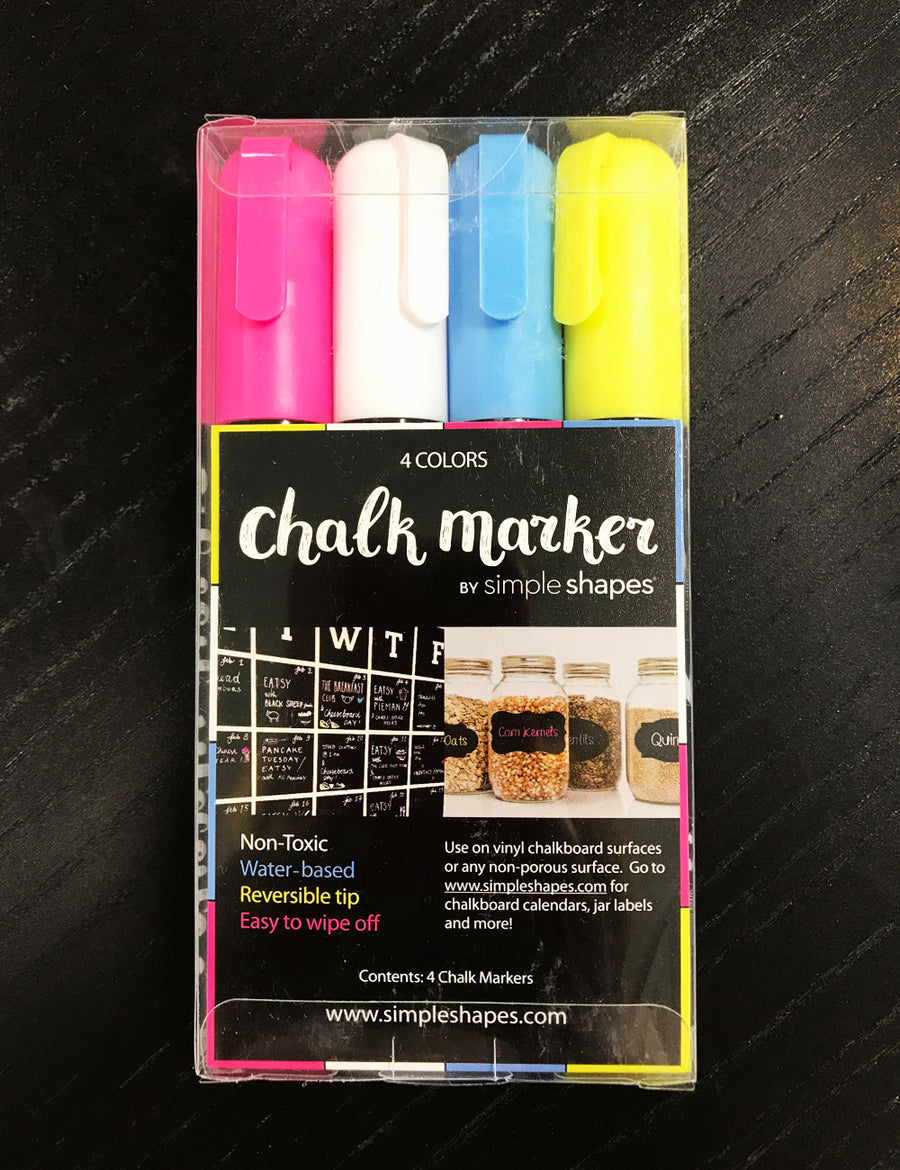 Colorful set of 4 chalk markers by Simple Shapes®, featuring reversible tips for chalkboard or any non-porous surface. These non-toxic, water-based markers come in an assortment of bright colors and are perfect for creating eye-catching chalkboard designs, signage, or labels. Featured Collection, Top Sellers, Back To School, Dorm Room Ideas and Trends.