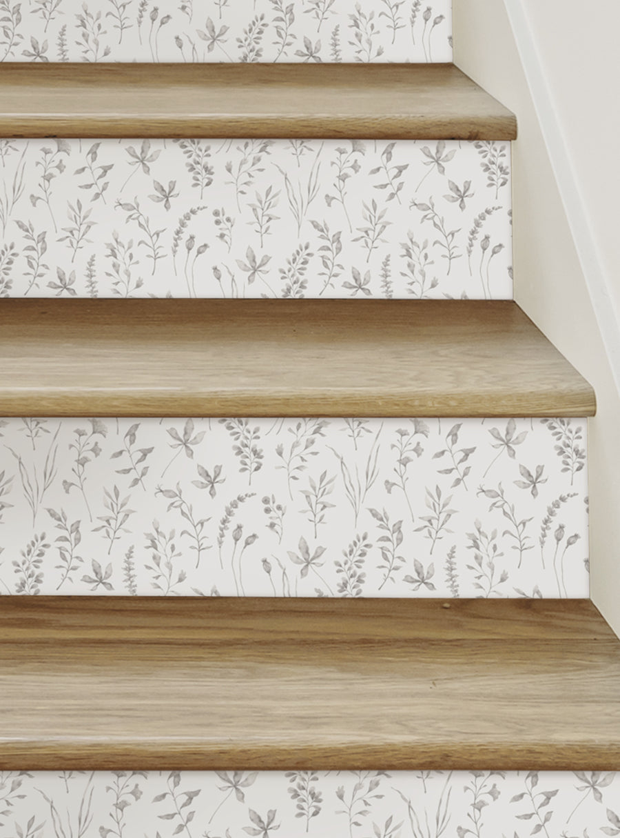 Watercolor Botanical Leaves Peel and Stick Stair Riser Strips - Beautiful floral patterned stair risers with natural, hand-painted botanical leaves and vines, creating a DIY decorative accent for your home's staircase. Easily apply and reuse these repositionable, adhesive-backed vinyl stickers. Top Sellers,Stair Riser Decals,All Products,Nature and Floral Stair Riser Stickers