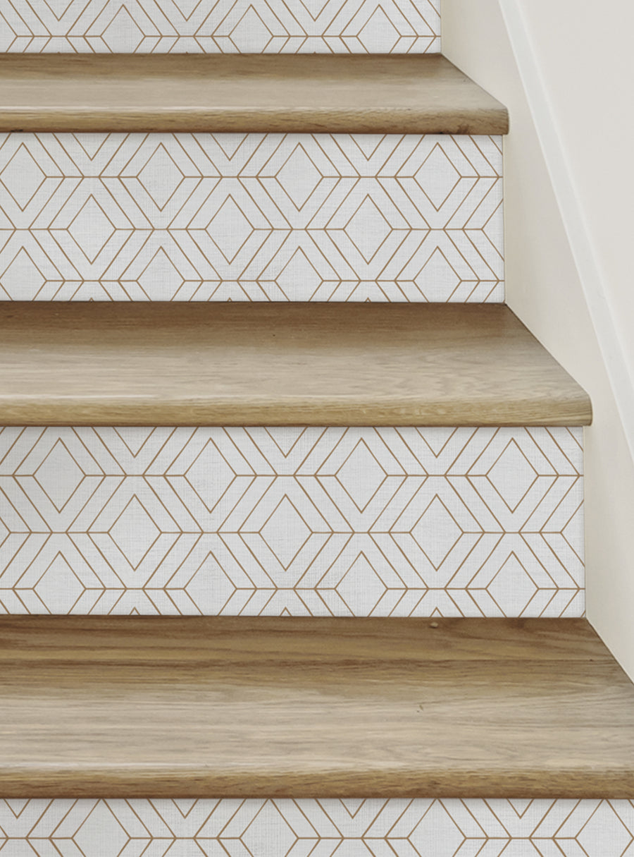 Elegant geometric diamond pattern accents these sturdy wood stair risers, adding a touch of art deco sophistication to any staircase. The simple yet stylish design complements a variety of home decor styles, making these peel and stick stair riser strips a versatile and easy-to-install DIY project. , Top Sellers,Stair Riser Decals,All Products,Geometric Pattern Stair Riser Stickers