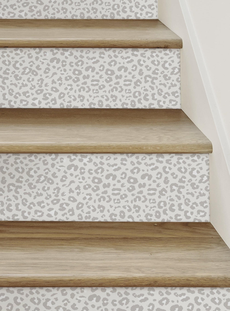 Alt text: Exotic leopard print stair riser strips with a DIY, repositionable vinyl design. Ideal for adding an eye-catching, nature-inspired look to your staircase. Top Sellers, Stair Riser Decals, All Products, Nature and Floral Stair Riser Stickers.