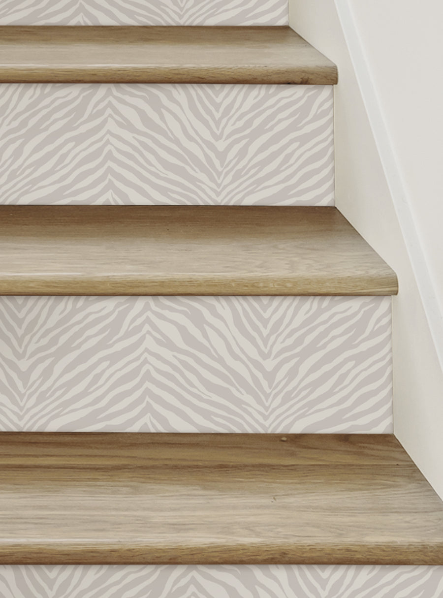Zebra print steps with natural wood accents, perfect for adding a touch of wild style to your home decor. Top Sellers,Stair Riser Decals,All Products,Nature and Floral Stair Riser Stickers