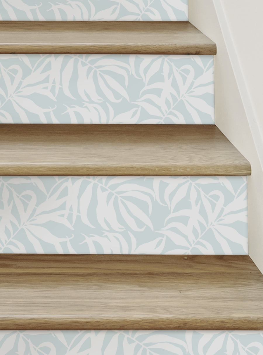 Tropical palm leaves peel and stick stair riser strips with a nature-inspired design that adds a touch of summer warmth to your home, Top Sellers,Stair Riser Decals,All Products,Nature and Floral Stair Riser Stickers