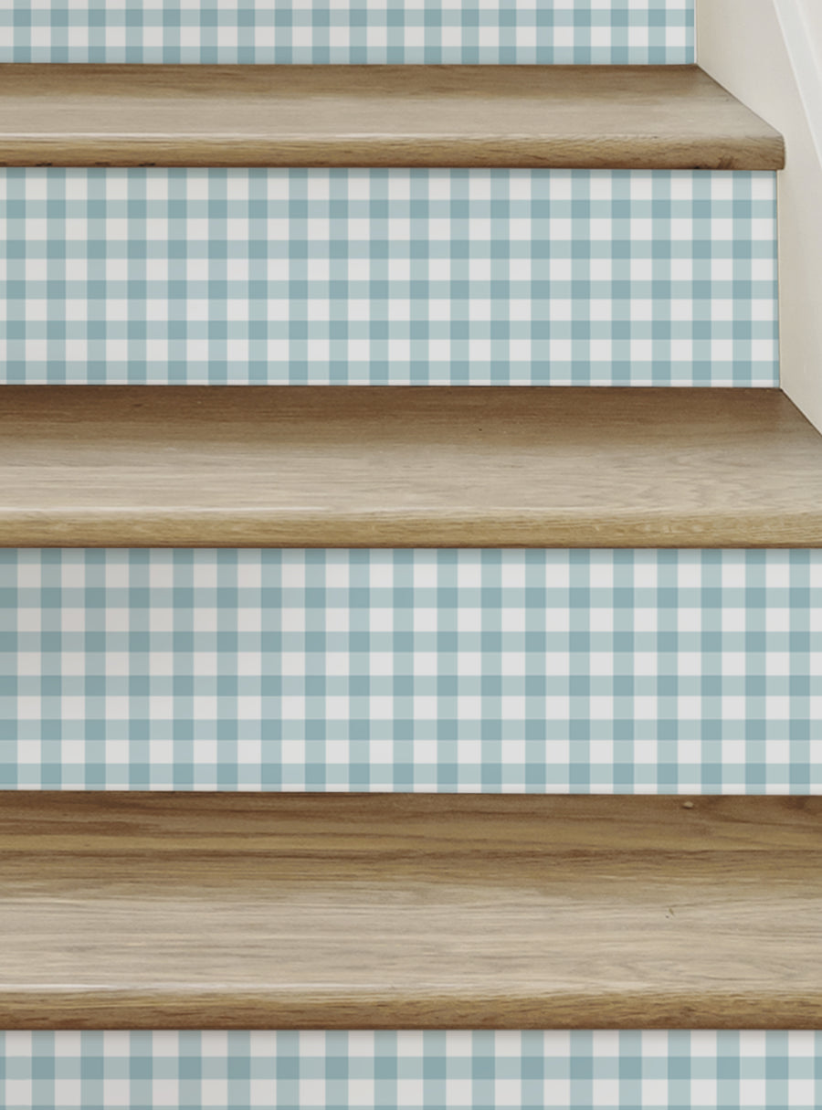 Charming gingham-patterned stair risers in a soothing blue and white color scheme, creating a rustic yet modern farmhouse aesthetic. These peel-and-stick stair riser strips offer an easy DIY solution to transform staircases with a touch of vintage-inspired style. , Top Sellers,Stair Riser Decals,All Products,Geometric Pattern Stair Riser Stickers