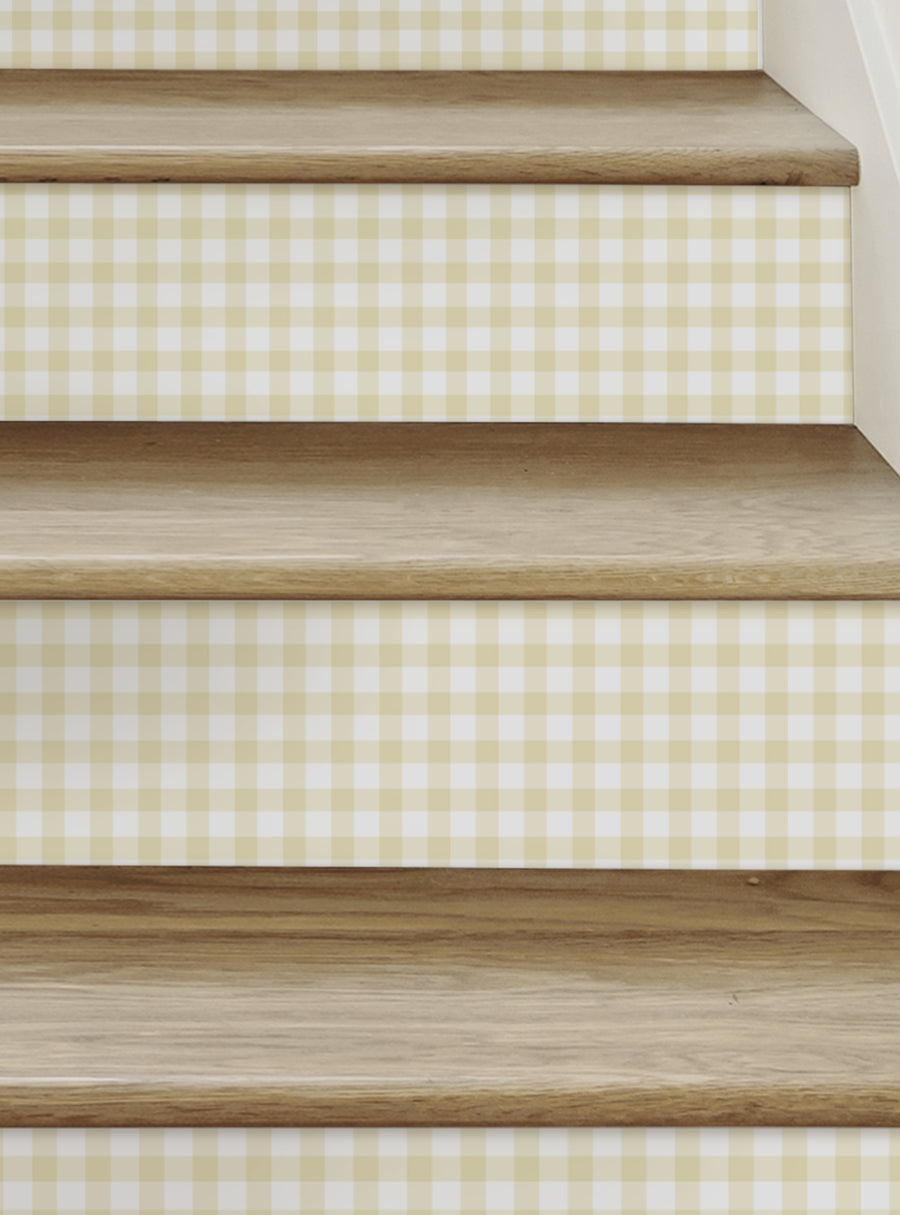 Wooden staircase steps with a gingham check pattern on the riser, creating a charming farmhouse aesthetic. Rustic yet modern stair riser decals with an adhesive-backed vinyl design that can be repositioned and reused. Top Sellers, Stair Riser Decals, All Products, Geometric Pattern Stair Riser Stickers