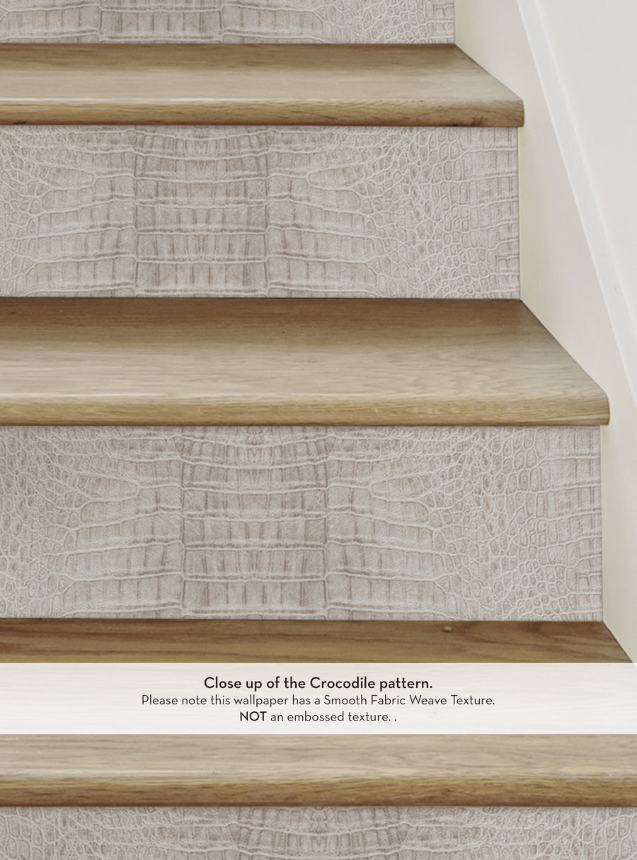 Elegant Crocodile-Inspired Stair Riser Decals: Add a touch of exotic sophistication to your stairs with these Crocodile Peel and Stick Stair Riser Strips. Crafted with a smooth fabric-weave texture, these repositionable vinyl stickers offer a chic and luxurious design that's easy to apply and remove without any mess. Perfect for DIY home decor projects. Top Sellers, Stair Riser Decals, All Products, Nature and Floral Stair Riser Stickers, Surface