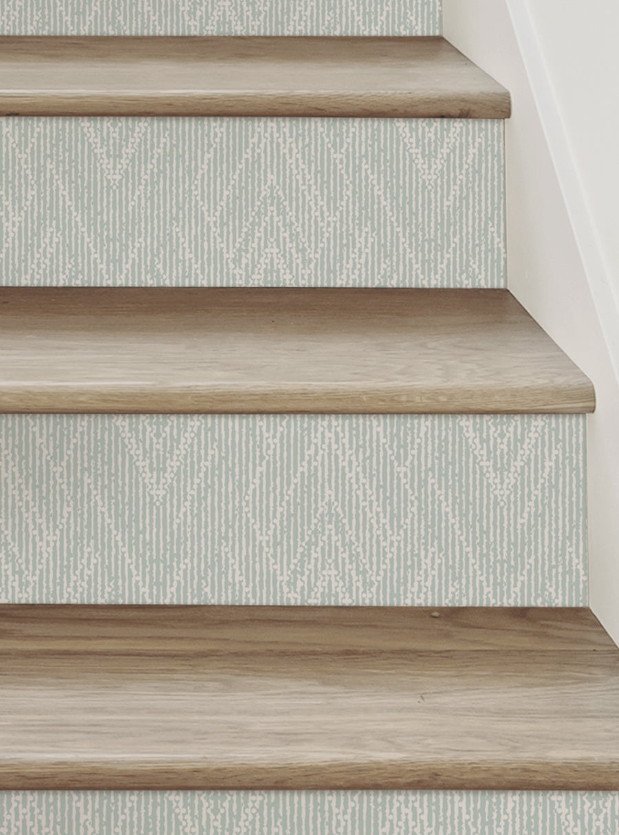 Wooden stairs with woven-textured vinyl stair riser strips, showcasing a handmade and DIY-friendly design solution for updating your space, Top Sellers,Stair Riser Decals,All Products,Surface and Texture Look Stair Riser Stickers
