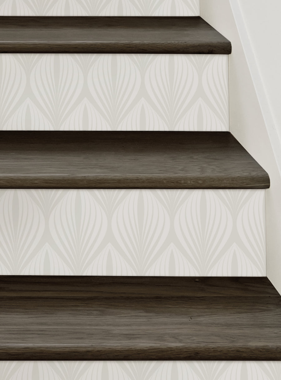 Elegant modern leaves peel and stick stair riser strips, featuring a subtle yet striking abstract floral design that adds a touch of luxury to your steps. This repositionable vinyl can be easily applied and removed without any mess, making DIY home decor a breeze. , Top Sellers, Stair Riser Decals, All Products, Nature and Floral Stair Riser Stickers