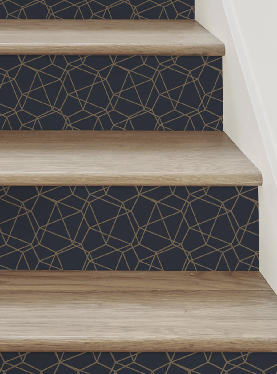 Modern wire mesh patterned stair risers with a geometric design, creating a sleek and stylish look for your stairs. These removable, repositionable stair riser decals are easy to apply and can transform your staircase in minutes. , Top Sellers,Stair Riser Decals,All Products,Geometric Pattern Stair Riser Stickers