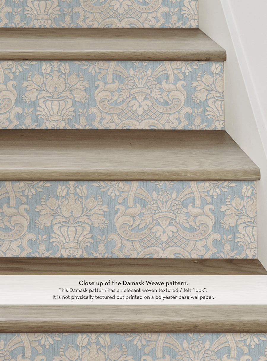 Elegant textured damask pattern covers stair risers, creating a sophisticated, woven look. Easily applied and removed vinyl wallpaper with no mess. Ideal for DIY home decor projects. Available in multiple colors to match any interior. , Top Sellers,Stair Riser Decals,All Products,Nature and Floral Stair Riser Stickers