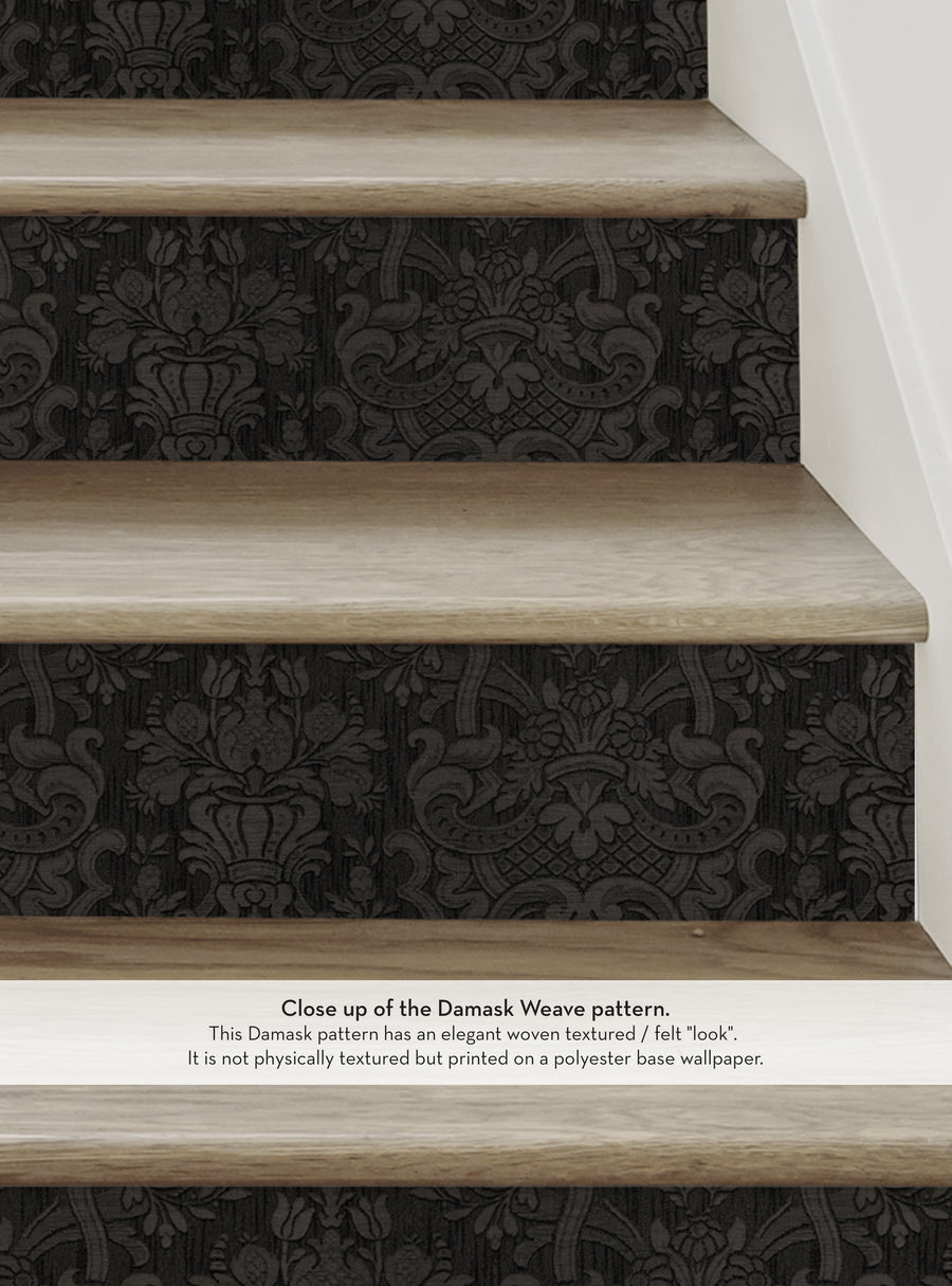 Elegant and intricate damask weave textured design on smooth vinyl stair riser strips, available in multiple colors to complement any home decor. Easy DIY installation and repositioning without stress or mess. , Top Sellers,Stair Riser Decals,All Products,Nature and Floral Stair Riser Stickers