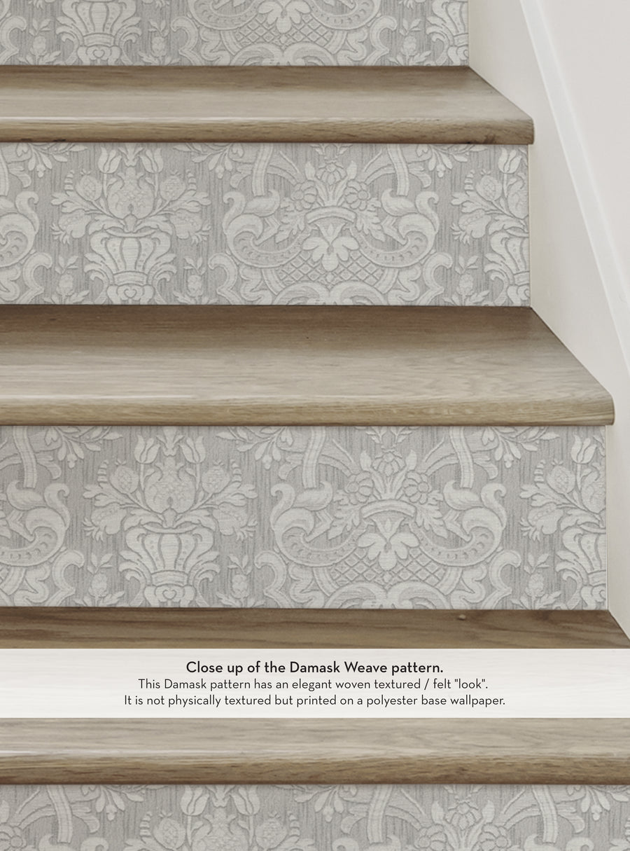 Detailed image of elegant, damask-patterned peel and stick stair riser featuring a smooth vinyl wallpaper with a textured look, available in multiple colors to complement any home decor, perfect for easy DIY projects, Top Sellers,Stair Riser Decals,All Products,Nature and Floral Stair Riser Stickers