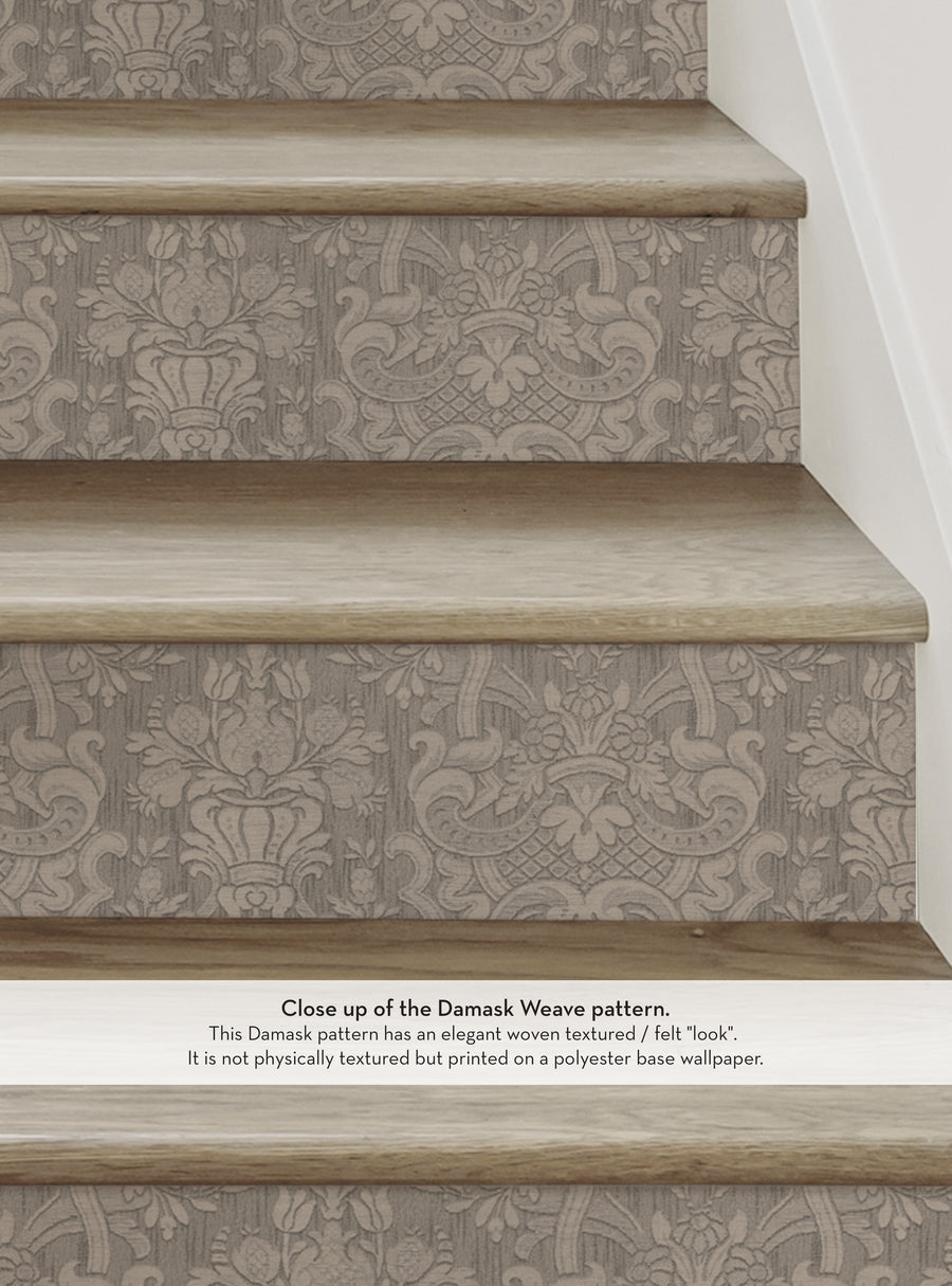 Elegant damask weave pattern with a textured look on wood stair risers, showcasing a beautiful floral and ornate design that adds a sophisticated touch to any home decor. , Top Sellers,Stair Riser Decals,All Products,Nature and Floral Stair Riser Stickers